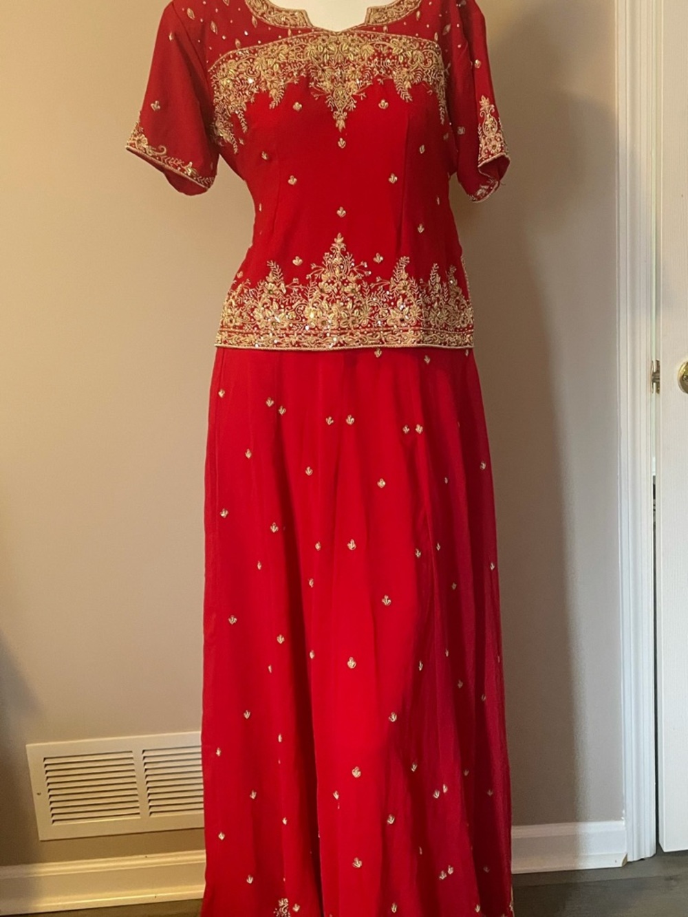 Red Embroidered Three Piece Ethnic Set with Gold Accents